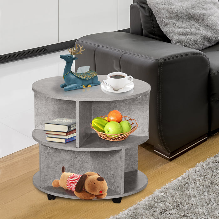 2 Tier Round Side End Table Coffee Desk with Divided Shelves Tea Table Storage Unit Living Room Organiser with Wheels - Cement colour