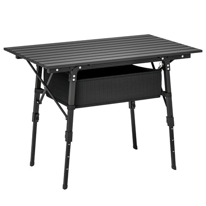 Folding Camping Table w/ Adjustable Height, Storage Basket, Black