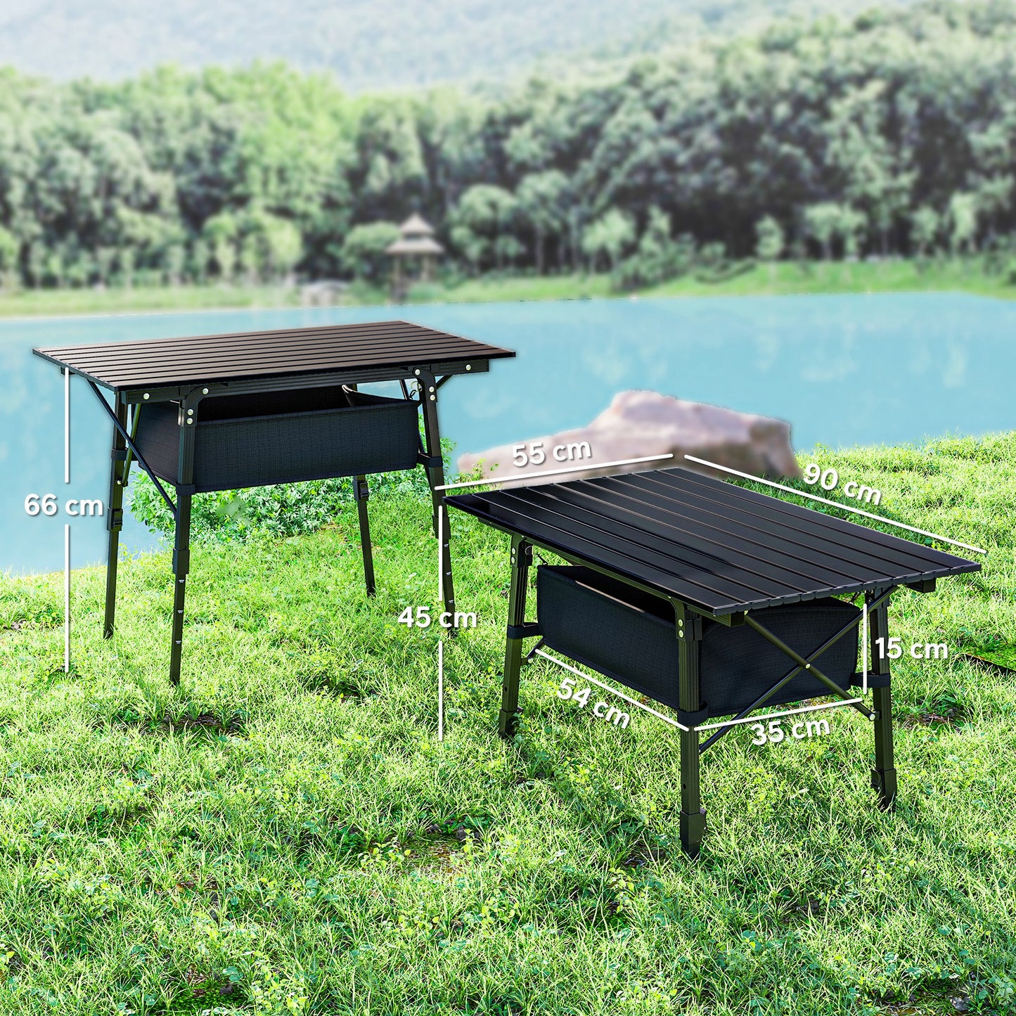 Folding Camping Table w/ Adjustable Height, Storage Basket, Black