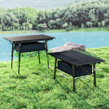 Folding Camping Table w/ Adjustable Height, Storage Basket, Black