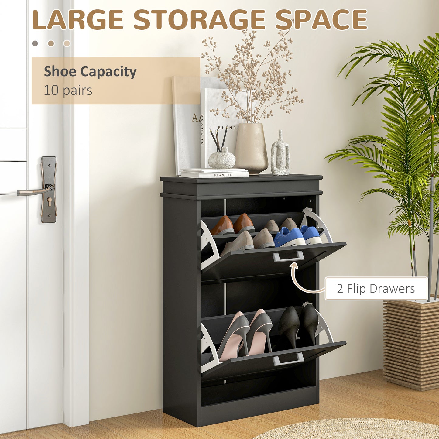 Slim Shoe Storage Cabinet with 2 Flip Drawers for Entryway, Black