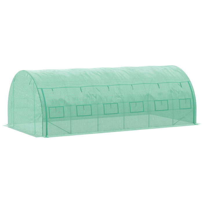 Polytunnel Greenhouse Walk-in Grow House Tent with Roll-up Sidewalls, Zipped Door and 12 Windows, 6x3x2m Green