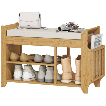 Shoe Bench with Cushioned Seat, Shoe Storage Bench with Side Holder and Boot Section, 2-Tier Natural Bamboo Entryway Rack for Hallway, Living Room, 80 x 30 x 50 cm, Natural and Cream