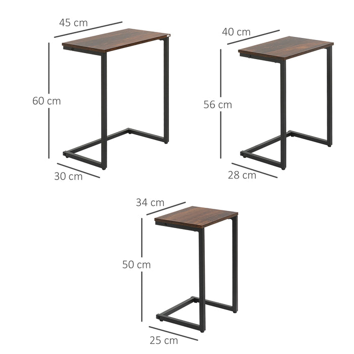 C-Shaped Nesting Tables Set of 3 with Steel Frame, Rustic Brown