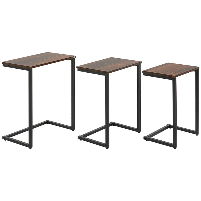 C-Shaped Nesting Tables Set of 3 with Steel Frame, Rustic Brown