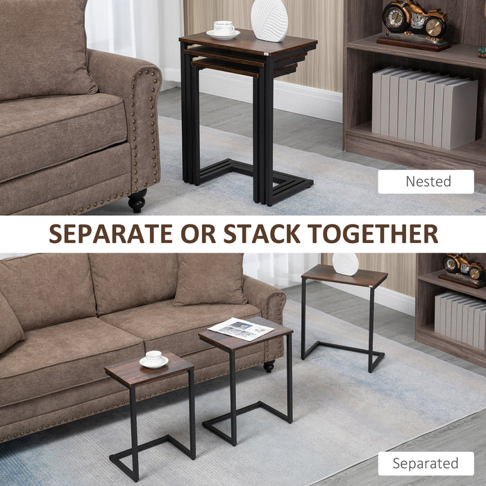 C-Shaped Nesting Tables Set of 3 with Steel Frame, Rustic Brown