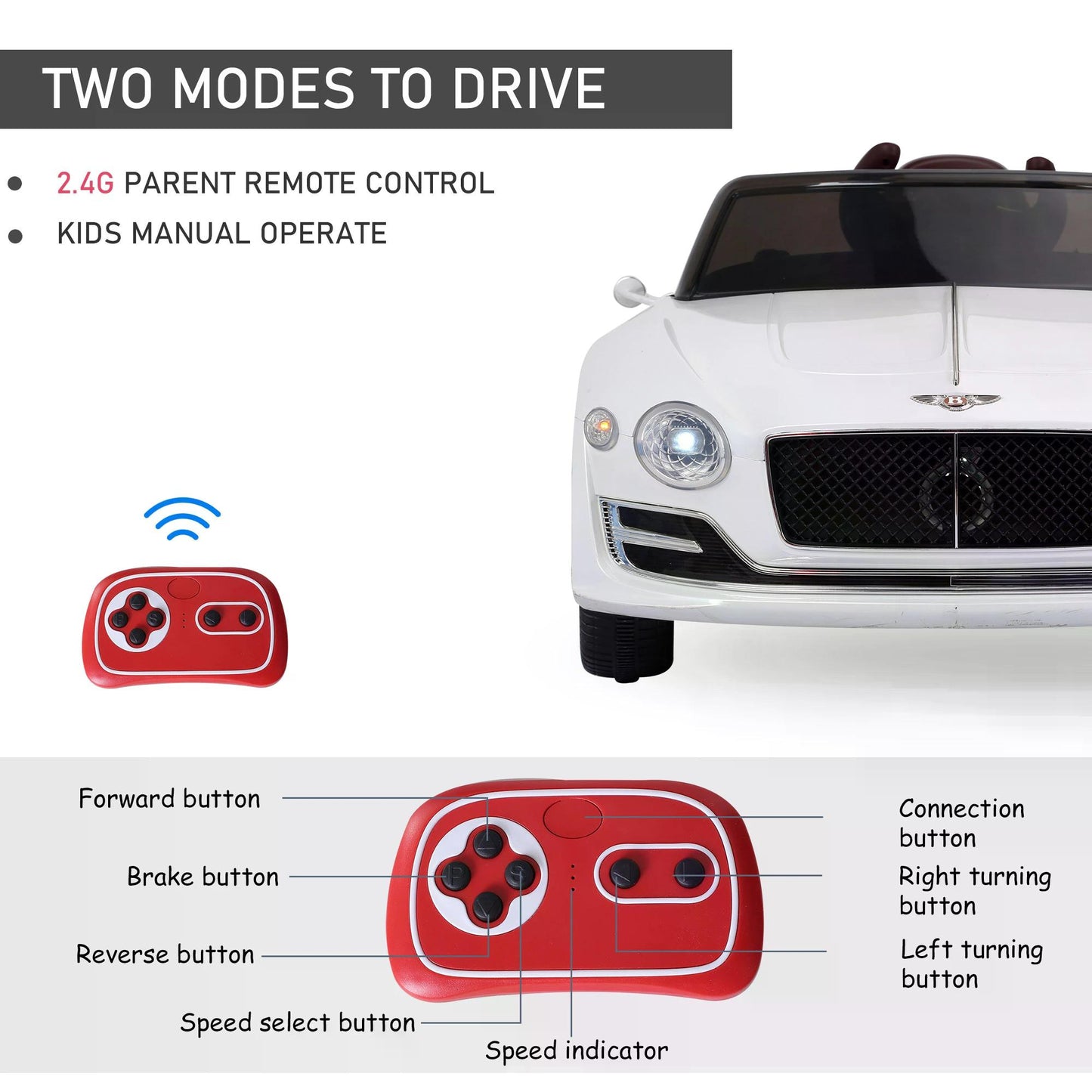HOMCOM Compatible 12V Kids Children Electric Ride-on Car Bentley GT Twin Motors with LED Lights Music Parental Remote Control White
