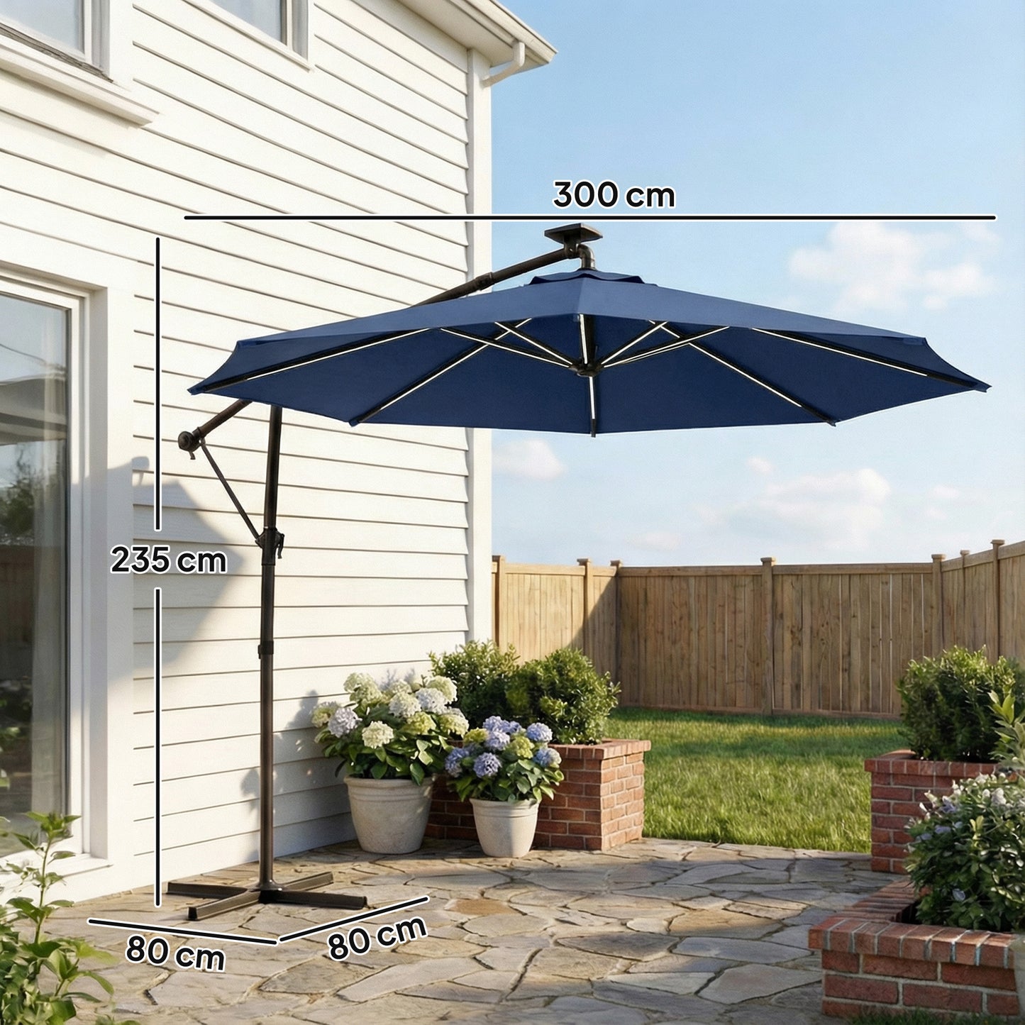 3 m Garden Cantilever Parasol with Solar Light, Rotation, Navy Blue