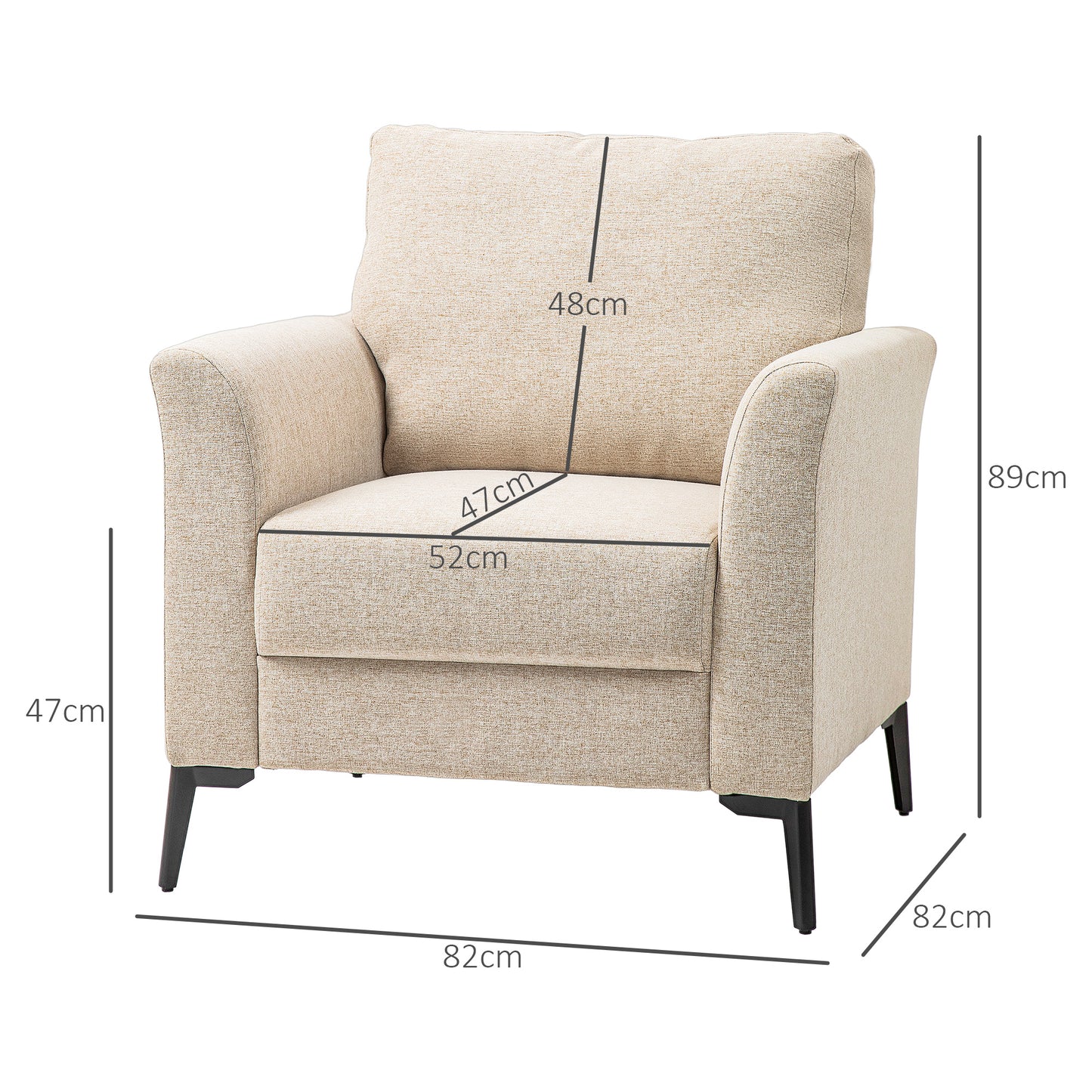 Linen Fabric Modern Accent Chair with Metal Legs, Wood Frame, Beige