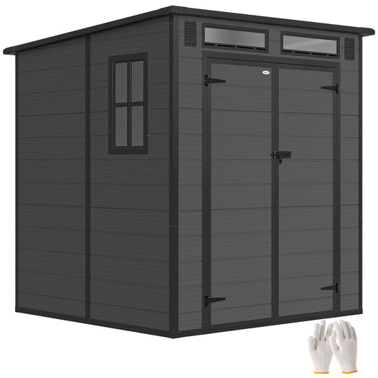 6 x 6 ft Plastic Garden Shed with Floor, Lockable Doors, Dark Grey