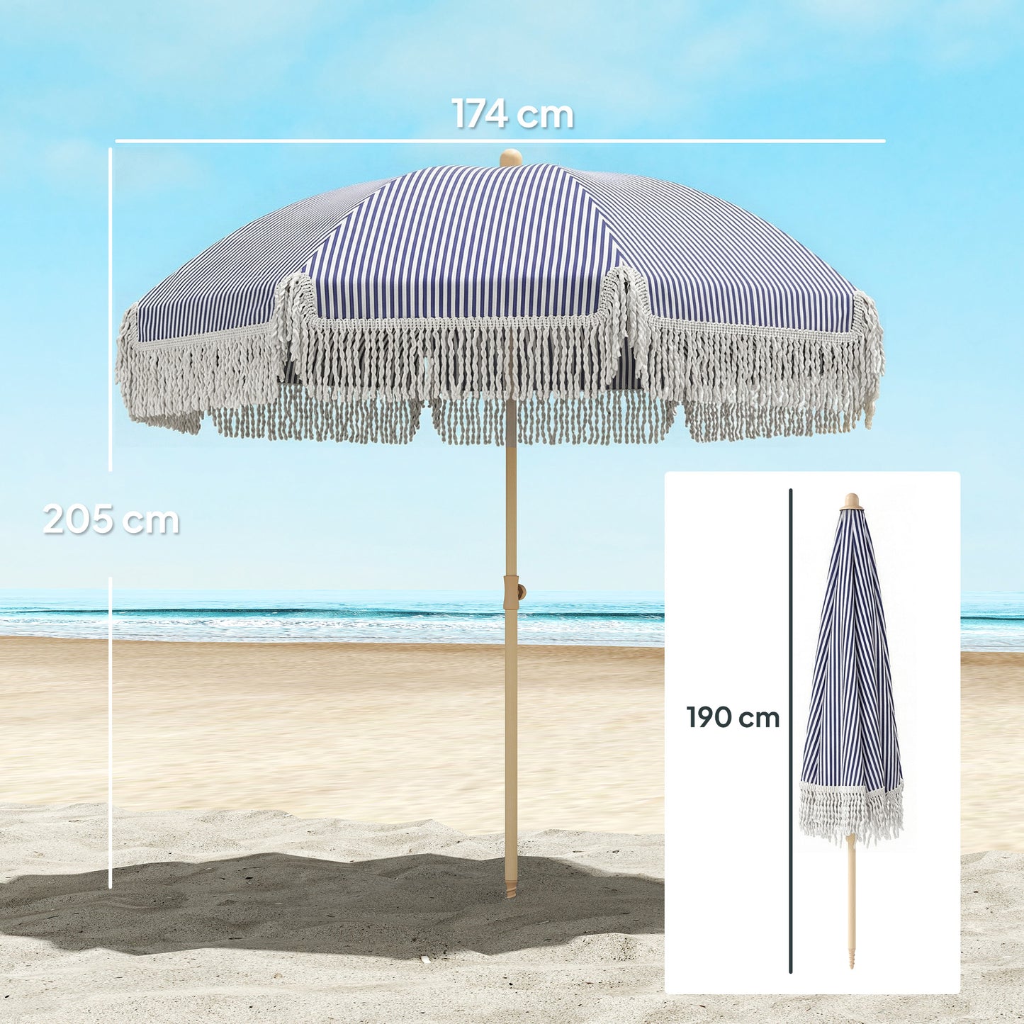 1.7 m Beach Umbrella, Adjustable Height Portable Parasol, Blue