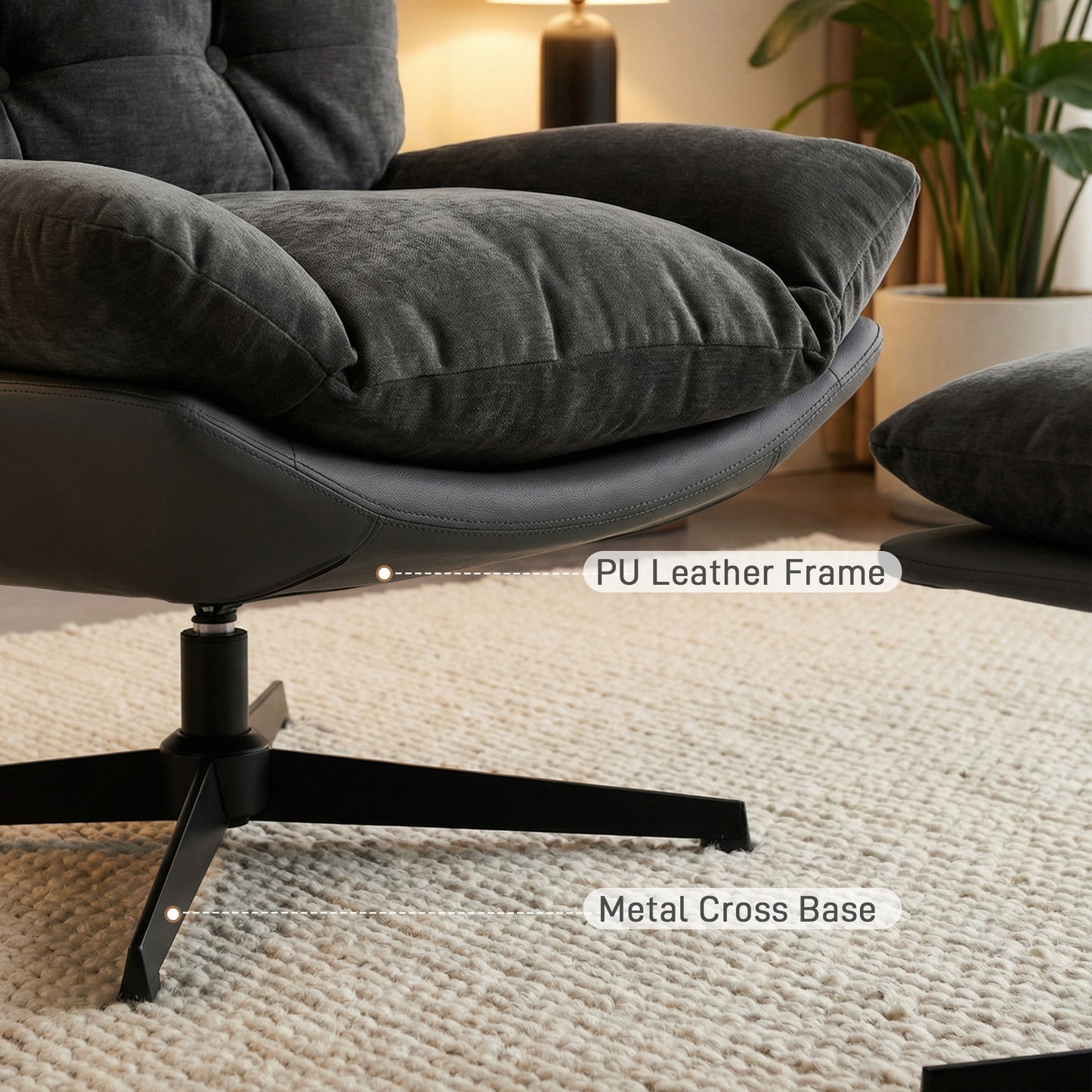 Accent Chair with Footstool, Modern Swivel Lounge Chair, Dark Grey