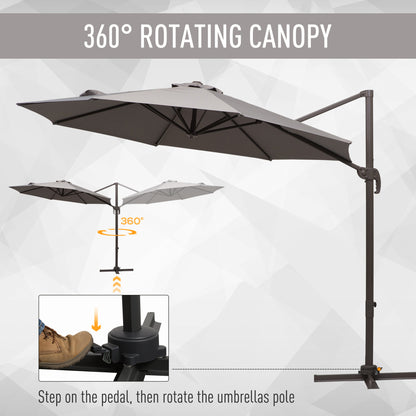 Outsunny 3M Roma Umbrella Sun Shade Cantilever Hanging Parasol w/ Cross Base Hand Crank Aluminium Frame 360¬¨‚àû Rotation - Grey