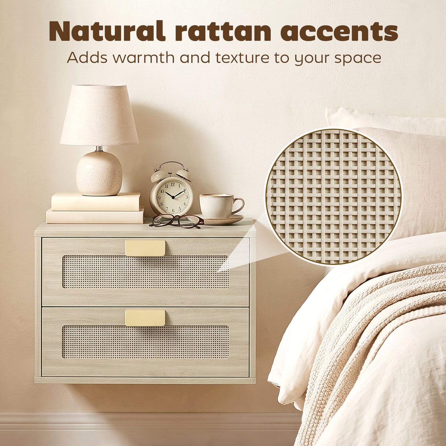 Modern Floating Nightstands Set of 2,  2 Drawers Bedside Tables, Oak
