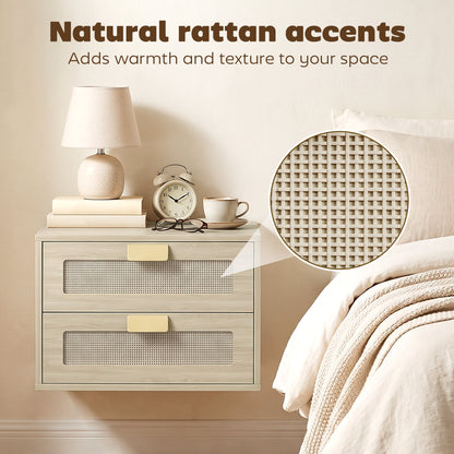 Modern Floating Nightstands Set of 2,  2 Drawers Bedside Tables, Oak