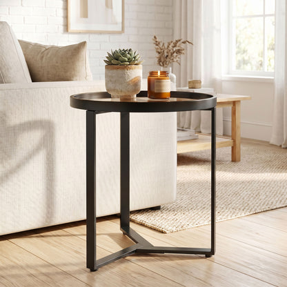 Round Side Table with Tempered Glass Top, Modern End Table with Geometric Metal Frame for Small Space, Living Room and Bedroom, Black