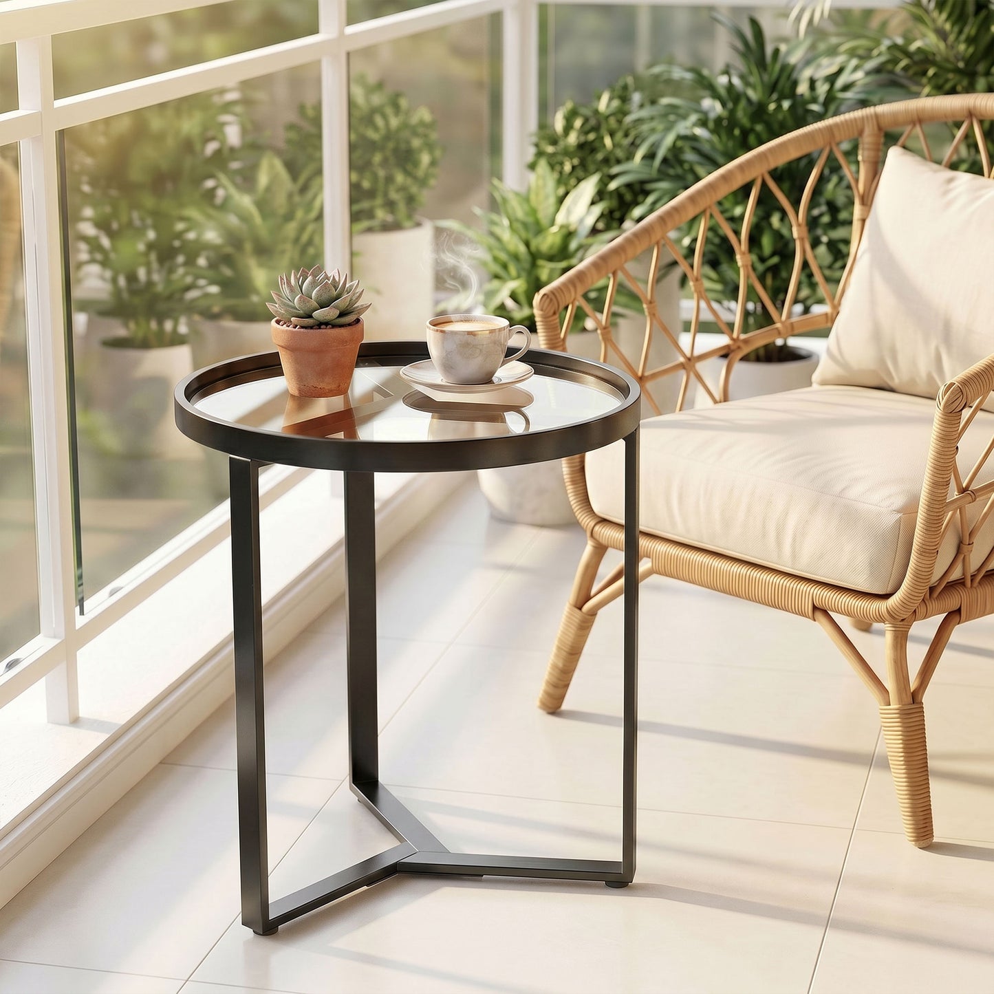 Round Side Table with Tempered Glass Top, Modern End Table with Geometric Metal Frame for Small Space, Living Room and Bedroom, Black