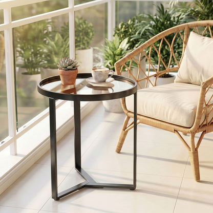 Round Side Table with Tempered Glass Top, Modern End Table with Geometric Metal Frame for Small Space, Living Room and Bedroom, Black