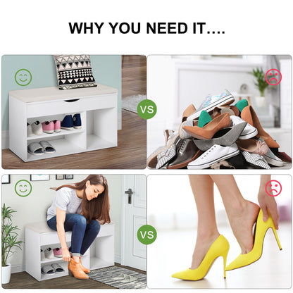 Wooden Shoes Cabinet Bench Hidden Storage Padded Seat Organiser White