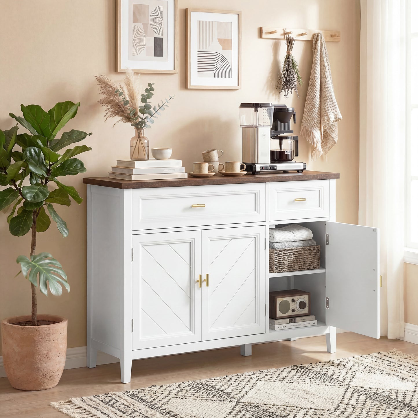 Sideboard with Thick Top, Modern Storage Cabinet, Kitchen Cupboard with 3 Doors, 2 Drawers and Adjustable Shelves for Dining Room, Living Room, White and Brown Wood Effect