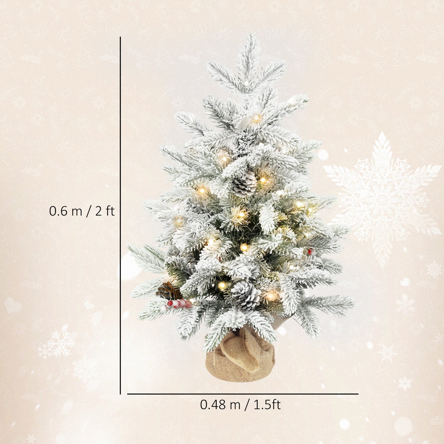 60 cm Prelit Mini Tabletop Christmas Tree, Snow Flocked Xmas Tree