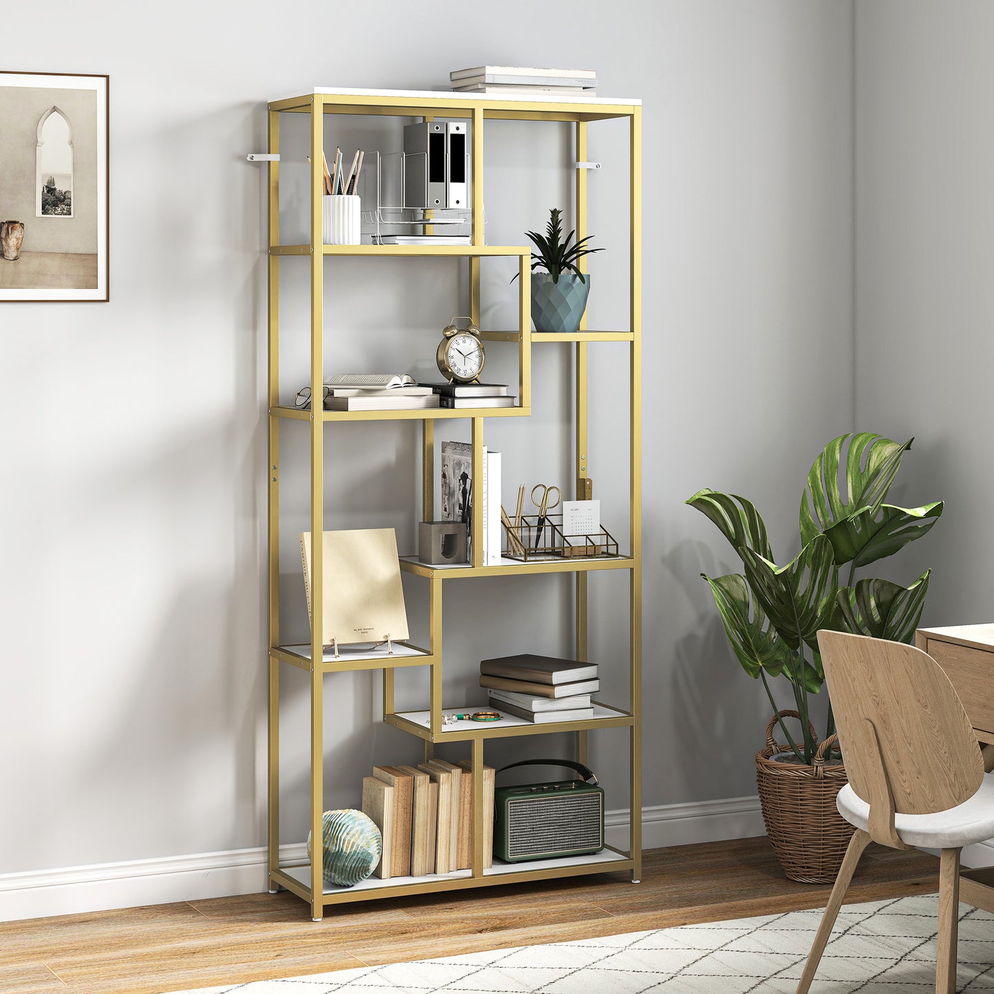 Modern Bookcase 7-Tier Bookshelf Shelving Unit White Gold Tone