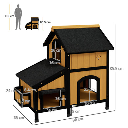 Wooden Outdoor Cat House w/ Flower Pot, Windows, Multiple Entrances