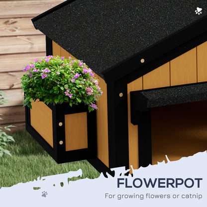 Wooden Outdoor Cat House w/ Flower Pot, Windows, Multiple Entrances