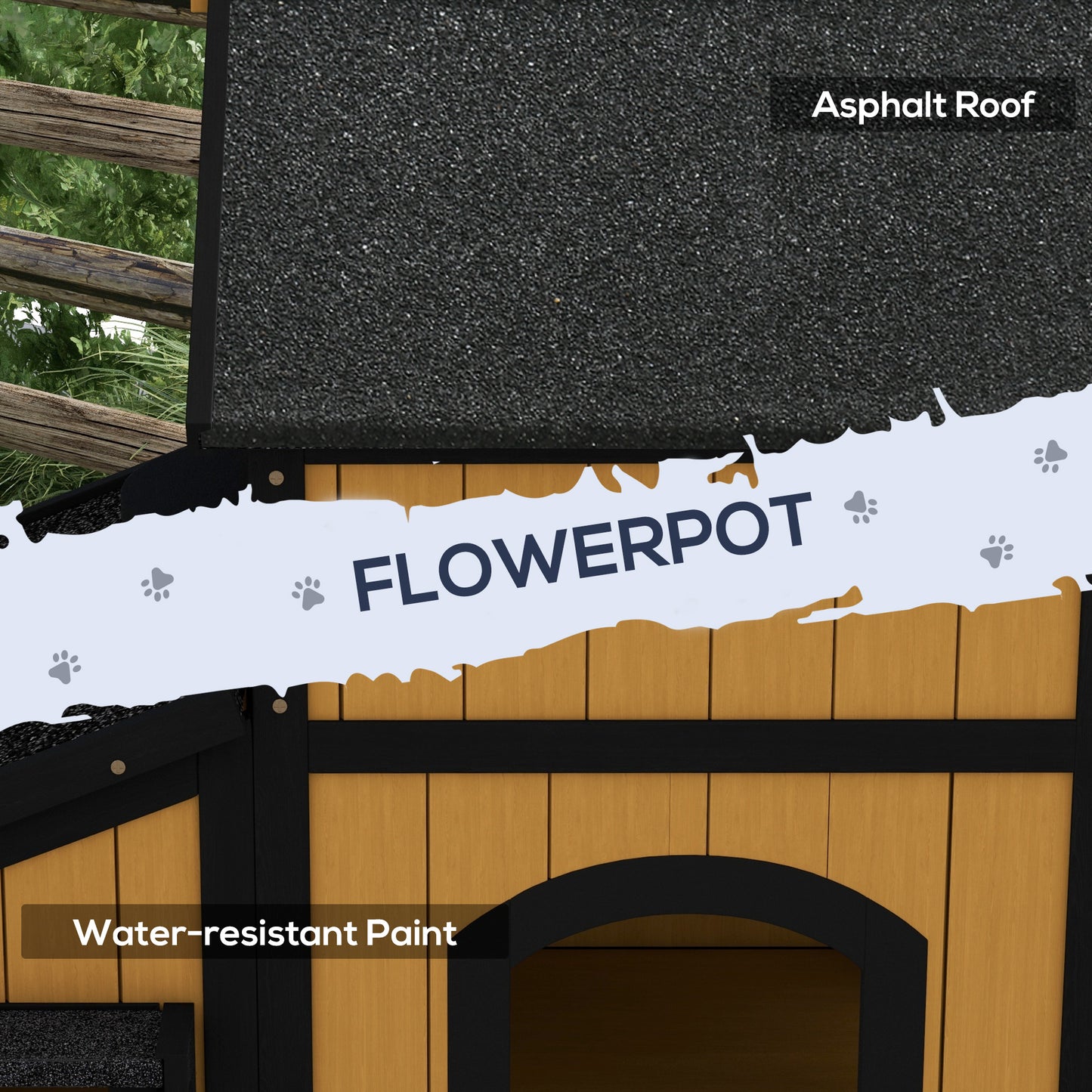 Wooden Outdoor Cat House w/ Flower Pot, Windows, Multiple Entrances