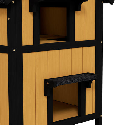 Wooden Outdoor Cat House w/ Flower Pot, Windows, Multiple Entrances