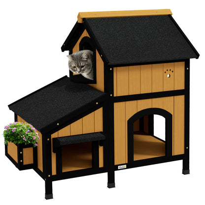 Wooden Outdoor Cat House w/ Flower Pot, Windows, Multiple Entrances