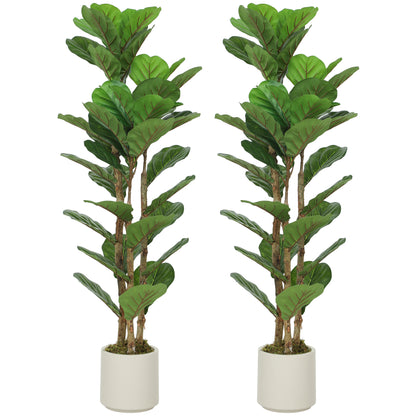 120cm Artificial Fiddle Leaf Fig Trees Set of Two with Solid Wood Trunks, Decorative Artificial Plants with 45 Leaves in Pot for Indoor Living Room Office Home Decor, Green