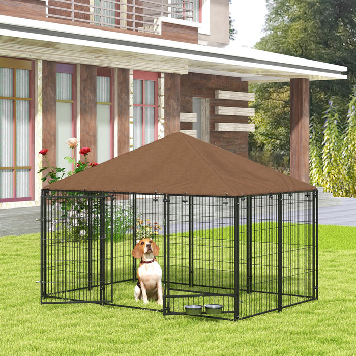 Outdoor Dog House Kennel with Canopy Top & Lock Rotating Bowl Holder