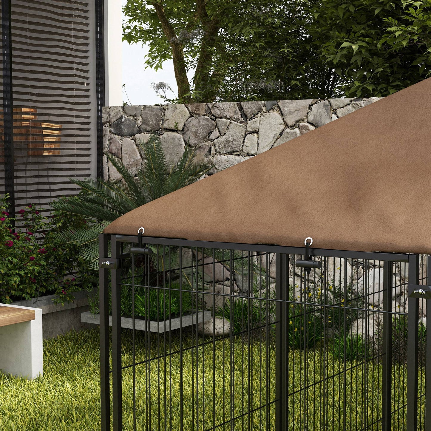 Outdoor Dog House Kennel with Canopy Top & Lock Rotating Bowl Holder