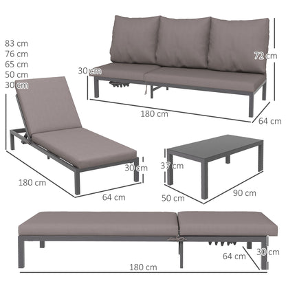 3-PCS PE Rattan Lounge Set, Aluminium Recliner Sofa Bed Set, Grey