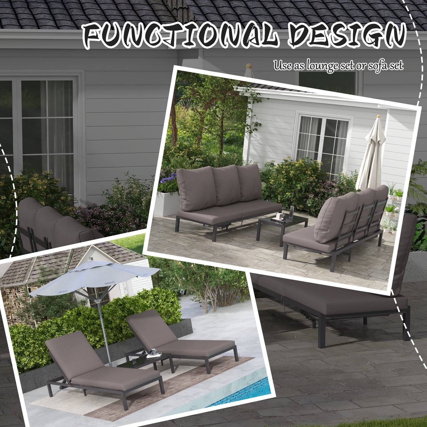 3-PCS PE Rattan Lounge Set, Aluminium Recliner Sofa Bed Set, Grey