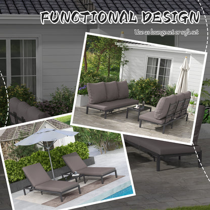 3-PCS PE Rattan Lounge Set, Aluminium Recliner Sofa Bed Set, Grey