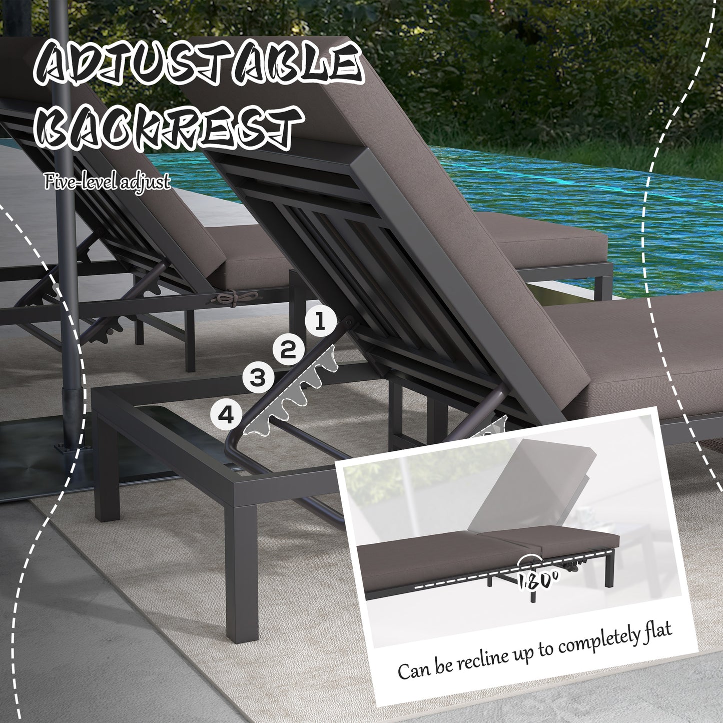 3-PCS PE Rattan Lounge Set, Aluminium Recliner Sofa Bed Set, Grey