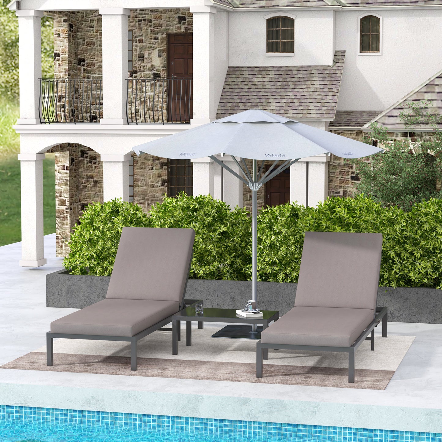 3-PCS PE Rattan Lounge Set, Aluminium Recliner Sofa Bed Set, Grey