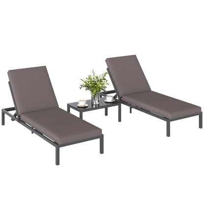 3-PCS PE Rattan Lounge Set, Aluminium Recliner Sofa Bed Set, Grey