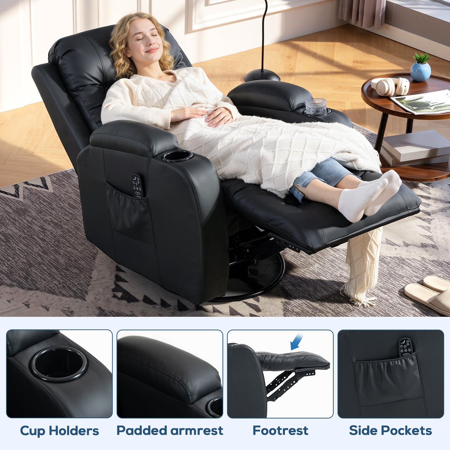 Massage Recliner Chair with 8 Vibration & Heat, Black