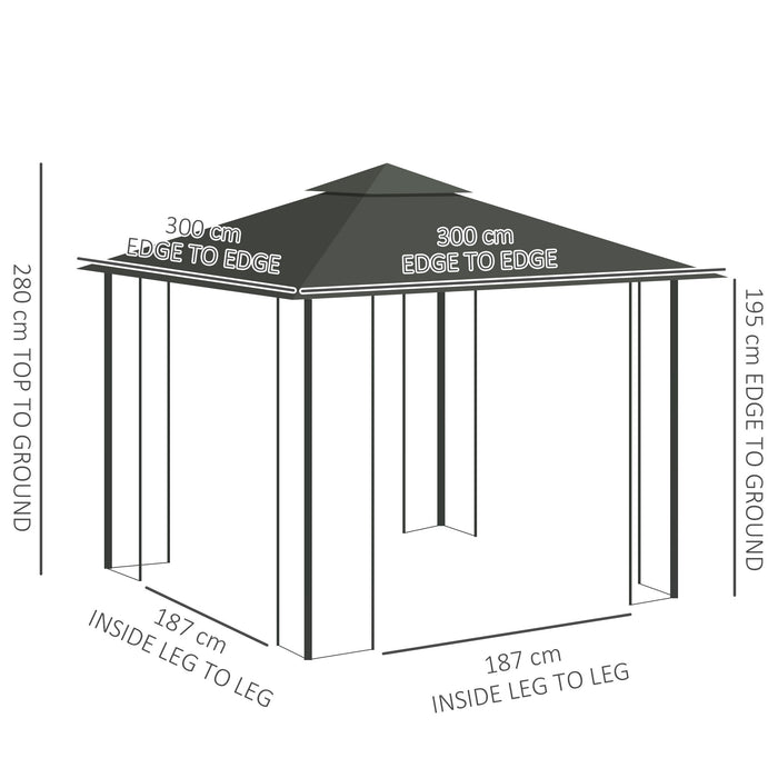 3(m) x 3(m) Double Roof Outdoor Garden Gazebo Canopy Shelter with Netting, Solid Steel Frame, Grey