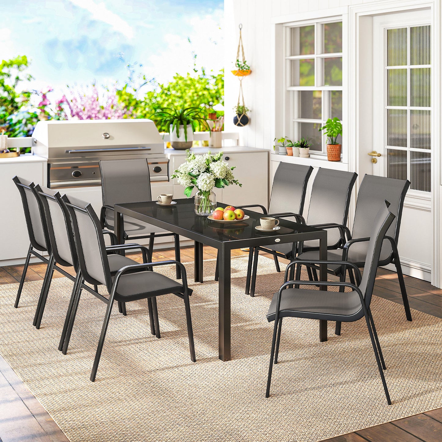 9 Pieces Patio Dining Set with Stackable Chairs, Dark Grey