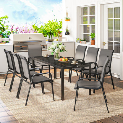 9 Pieces Patio Dining Set with Stackable Chairs, Dark Grey