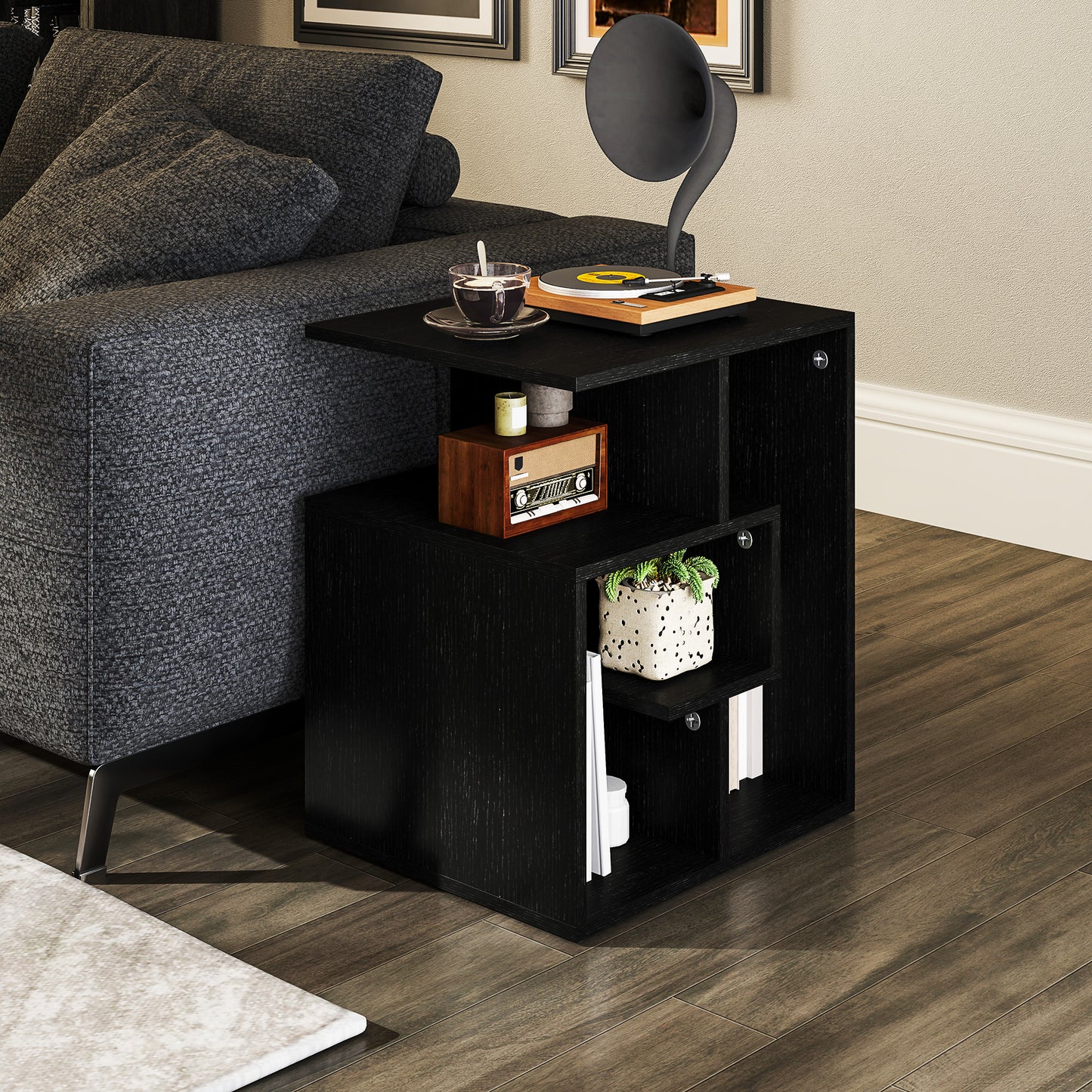 3-Tier Side End Table Open Shelves Storage Magazine Desk Black