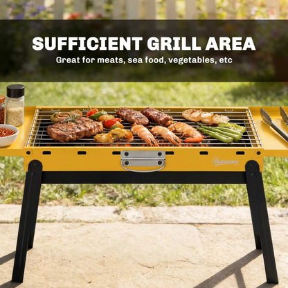 BBQ Grill, Charcoal Barbecue with 2 Side Shelves and Handle, Yellow