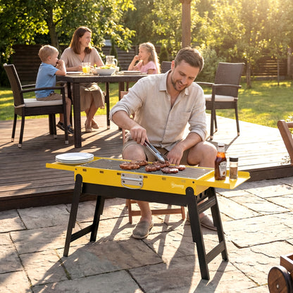 BBQ Grill, Charcoal Barbecue with 2 Side Shelves and Handle, Yellow