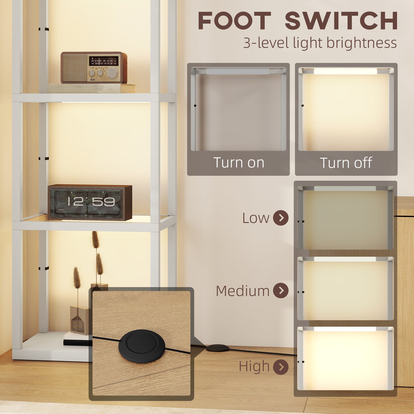 LED Floor Lamp with Glass Shelves, Dimmable Room Lamp, Grey