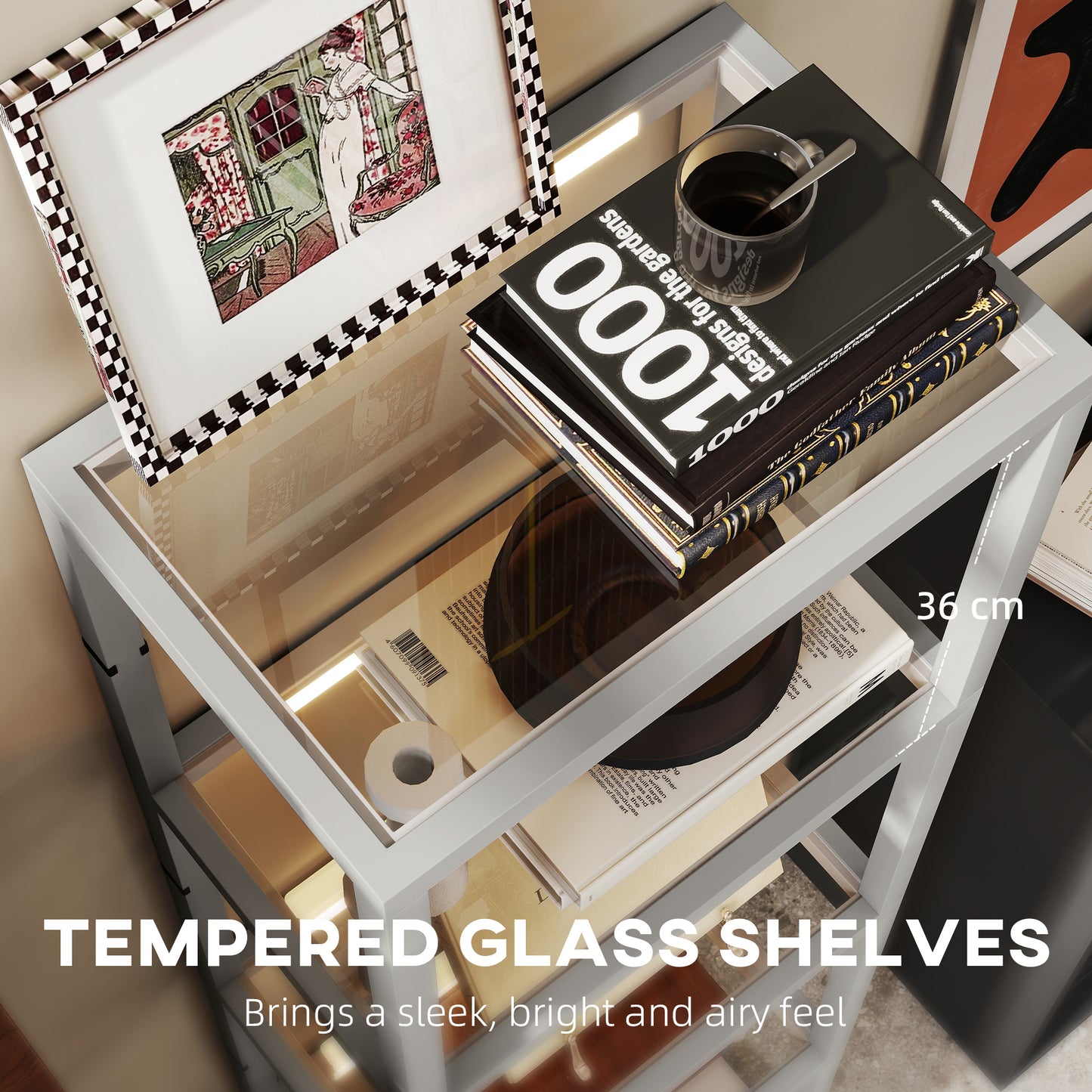 LED Floor Lamp with Glass Shelves, Dimmable Room Lamp, Grey