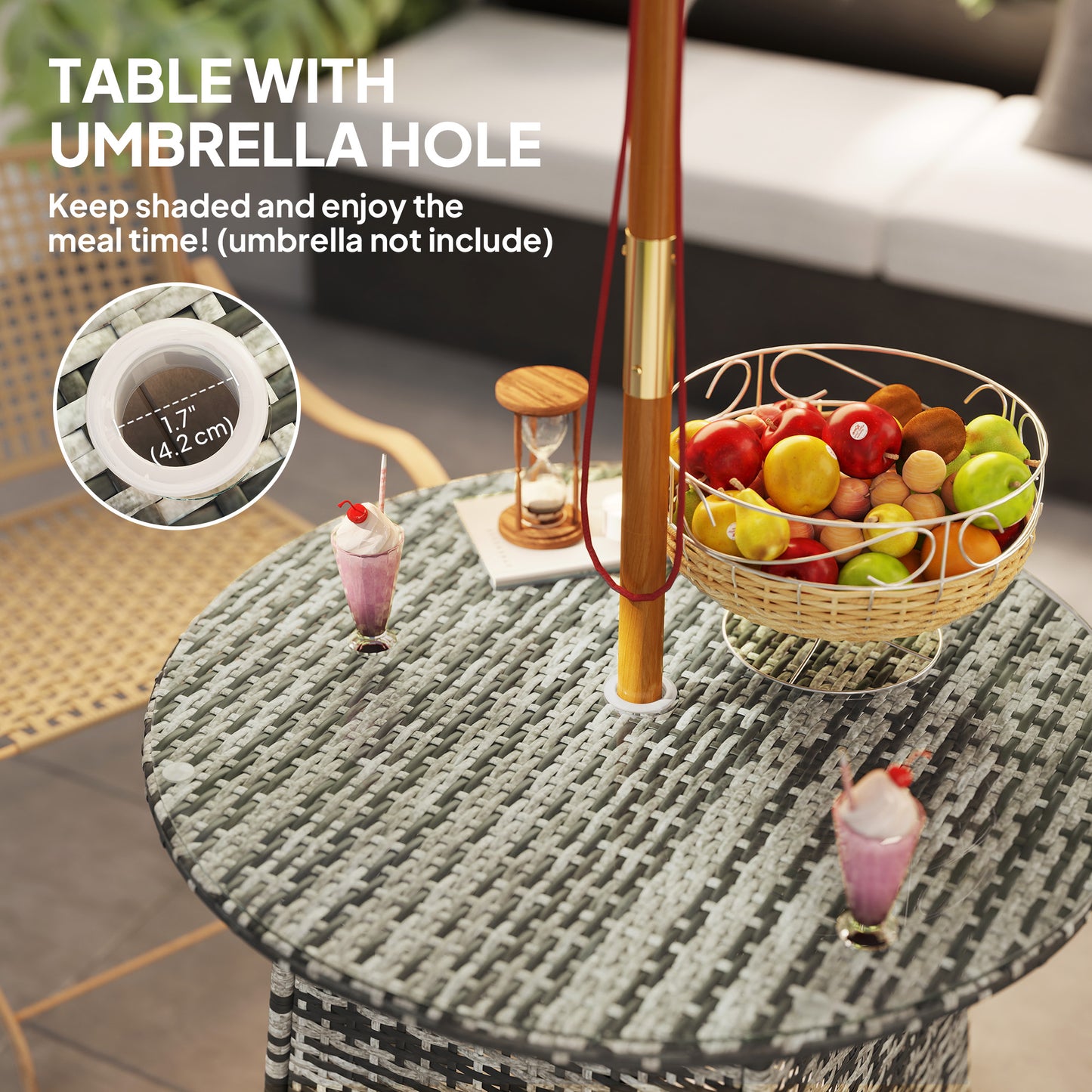 Patio Furniture Rattan Garden Table with Umbrella Hole, Grey